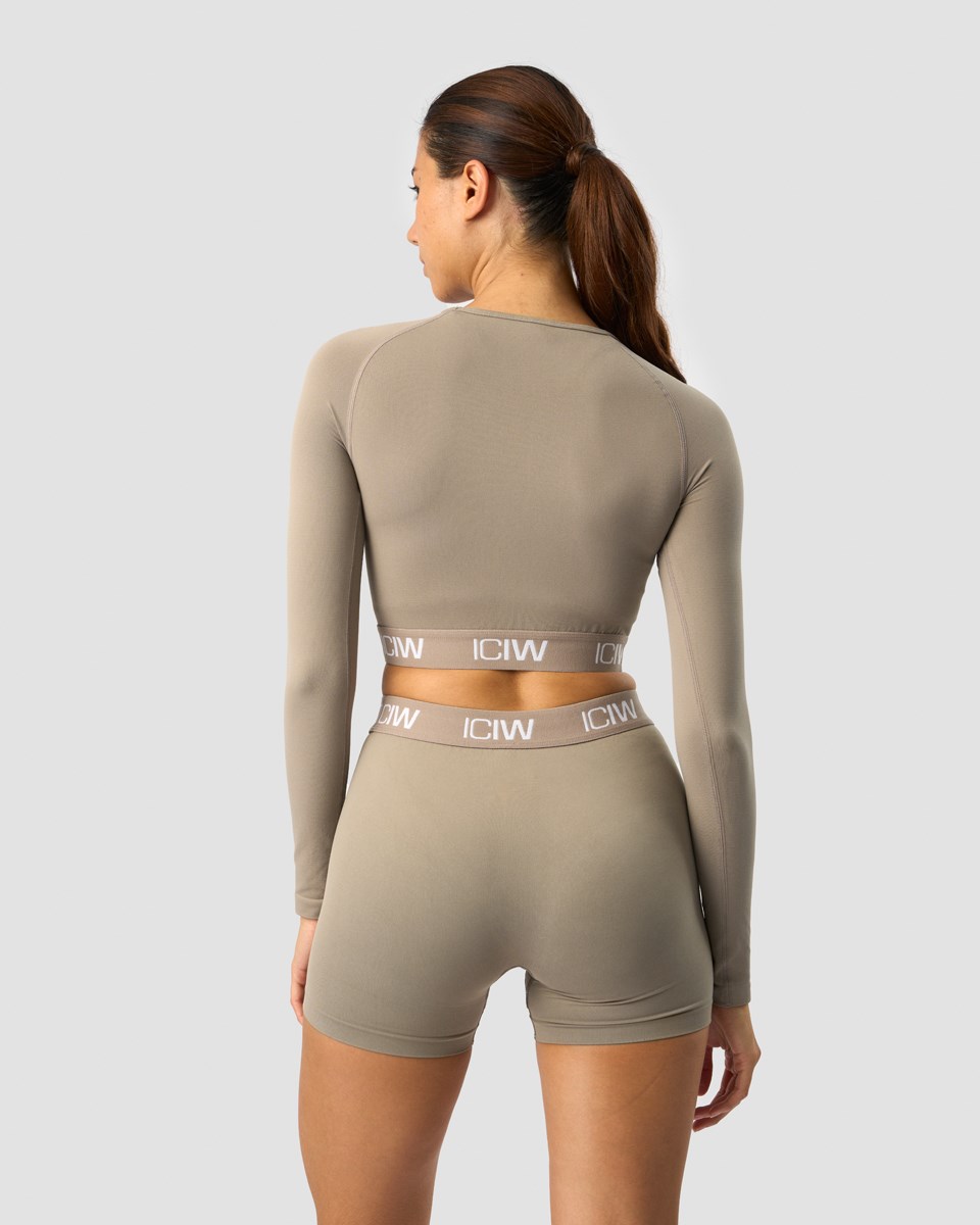 ICIW Define Seamless Logo Long Sleeve Crop Top Taupe Beige | 204398CRQ