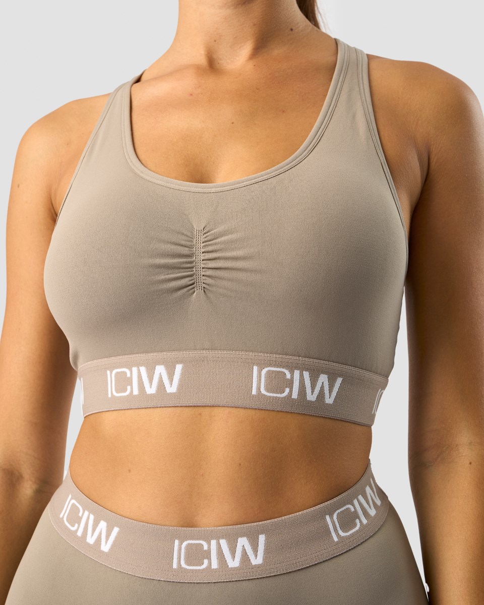 ICIW Define Seamless Logo Scrunch Sports Bra Taupe Beige | 816375TVK