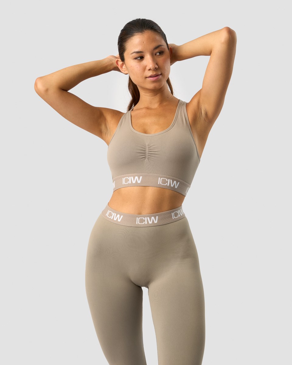 ICIW Define Seamless Logo Scrunch Sports Bra Taupe Beige | 816375TVK